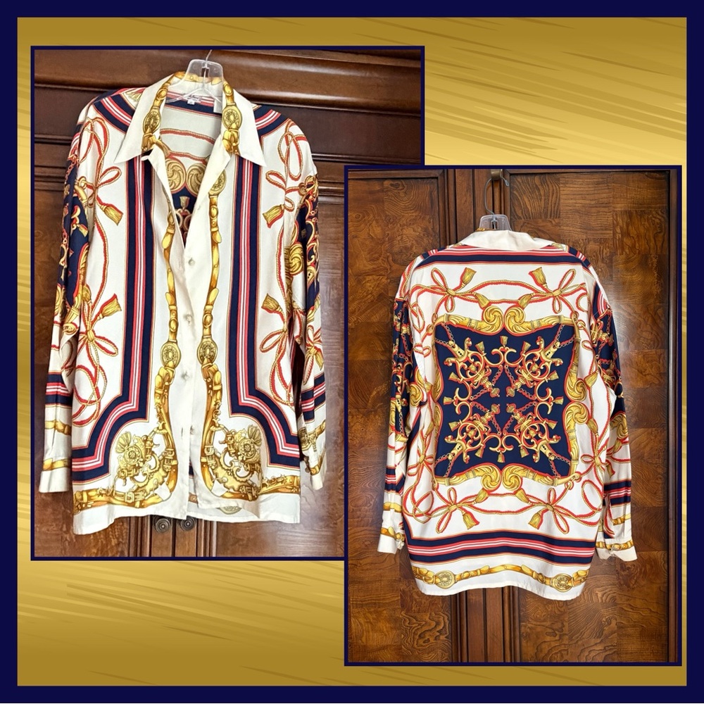 Vintage Renato Nucci Paris Silk Blouse Scarf Print Equestrian Made in France M